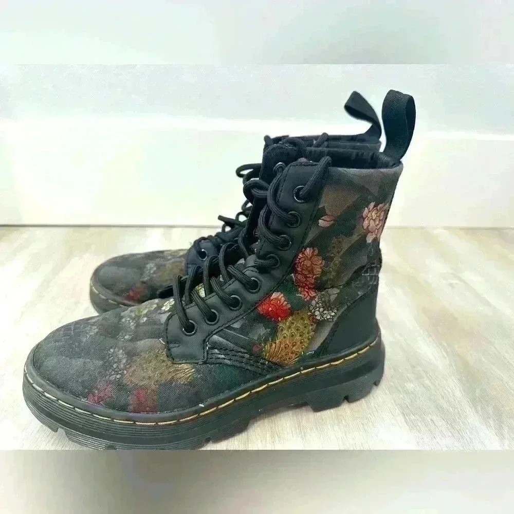 Dr. Martens Combs Boots Womens 5 Black Floral Canvas Good Combat‎ Lug Sole